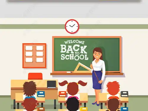  卡通扁平化小学生老师教室上课黑板背景开学季插画设计图片下载