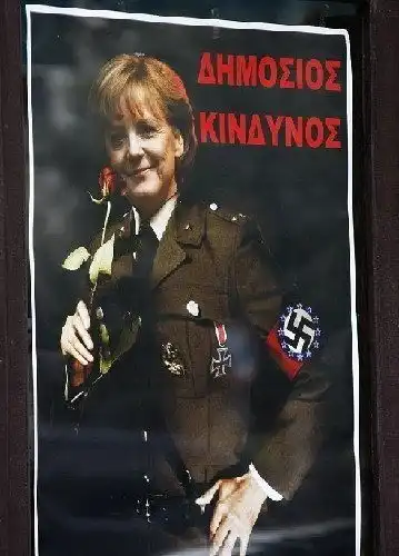 不满德国要求希腊大幅减斥默克尔被恶搞成纳粹  不满德国要求希腊大幅减斥默克尔被恶搞成纳粹