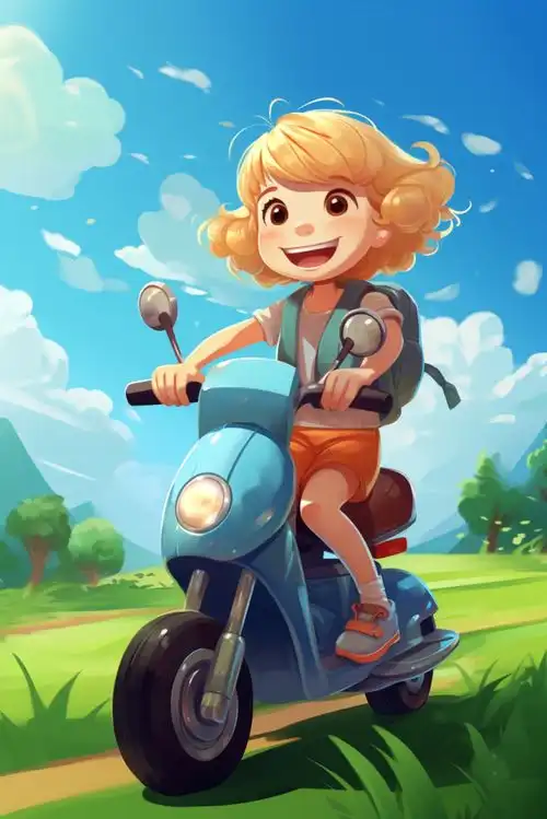 卡通可爱骑电动车的男孩女孩插画广告素材下载至来源处  卡通可爱骑电动车的男孩女孩插画广告素材下载至来源处