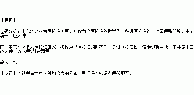  中东地区阿拉伯人的人种.宗教.主要语言搭配正确的是a.黄种人﹣基督教﹣英语b.黑种人﹣佛教﹣西班牙语c.白种人﹣伊斯兰教﹣阿拉伯语d.白种人﹣基督教﹣英语