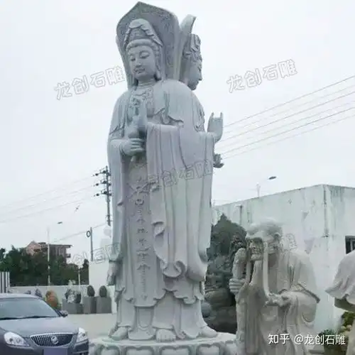  多种尺寸三面观音菩萨石雕图片
