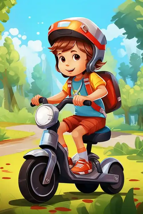 卡通可爱骑电动车的男孩女孩插画广告素材下载至来源处  卡通可爱骑电动车的男孩女孩插画广告素材下载至来源处