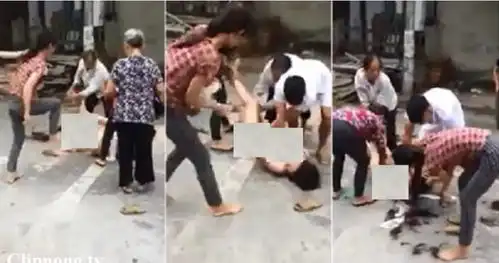  老婆带人当街手撕小三小三被脱光衣服剃光头发当街示众