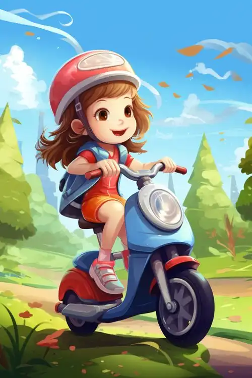 卡通可爱骑电动车的男孩女孩插画广告素材下载至来源处  卡通可爱骑电动车的男孩女孩插画广告素材下载至来源处