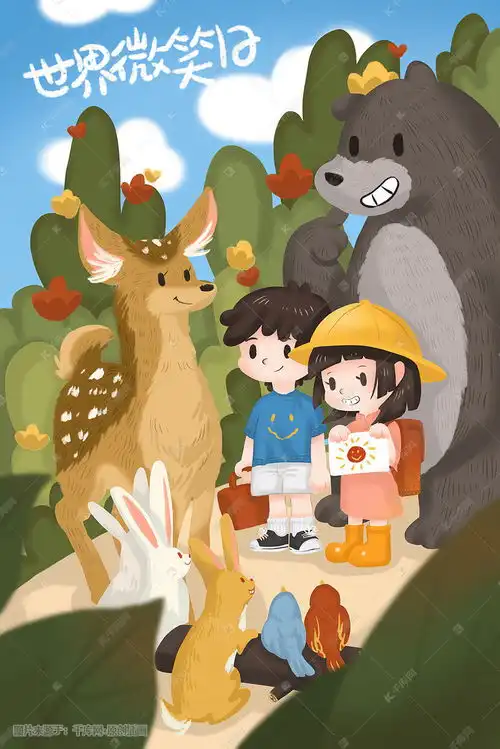  世界微笑日微笑生活卡通少女动物手绘插画图片千库网