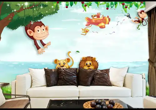  清新唯美卡通儿童房背景墙壁画墙画图片素材效果图下载