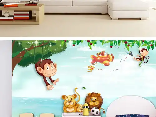  清新唯美卡通儿童房背景墙壁画墙画图片素材效果图下载
