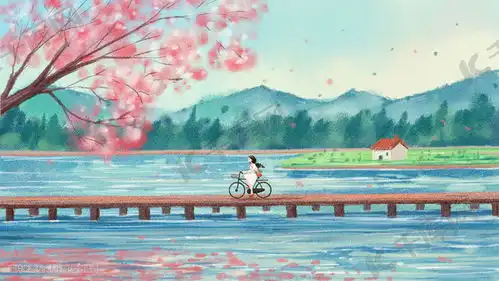  水彩风景之春天樱花湖水风景背景插画图片千库网