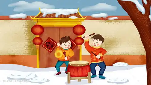  卡通可爱男孩敲锣打鼓过新年春节灯笼插画图片千库网